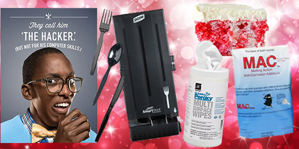 HDi Advantage February 2018, buy smartstock cutlery- get a free dispenser, Sanitizing multi-surface wipes, chemical label reading 101, ice and snow melt and skinny cherry poke cake